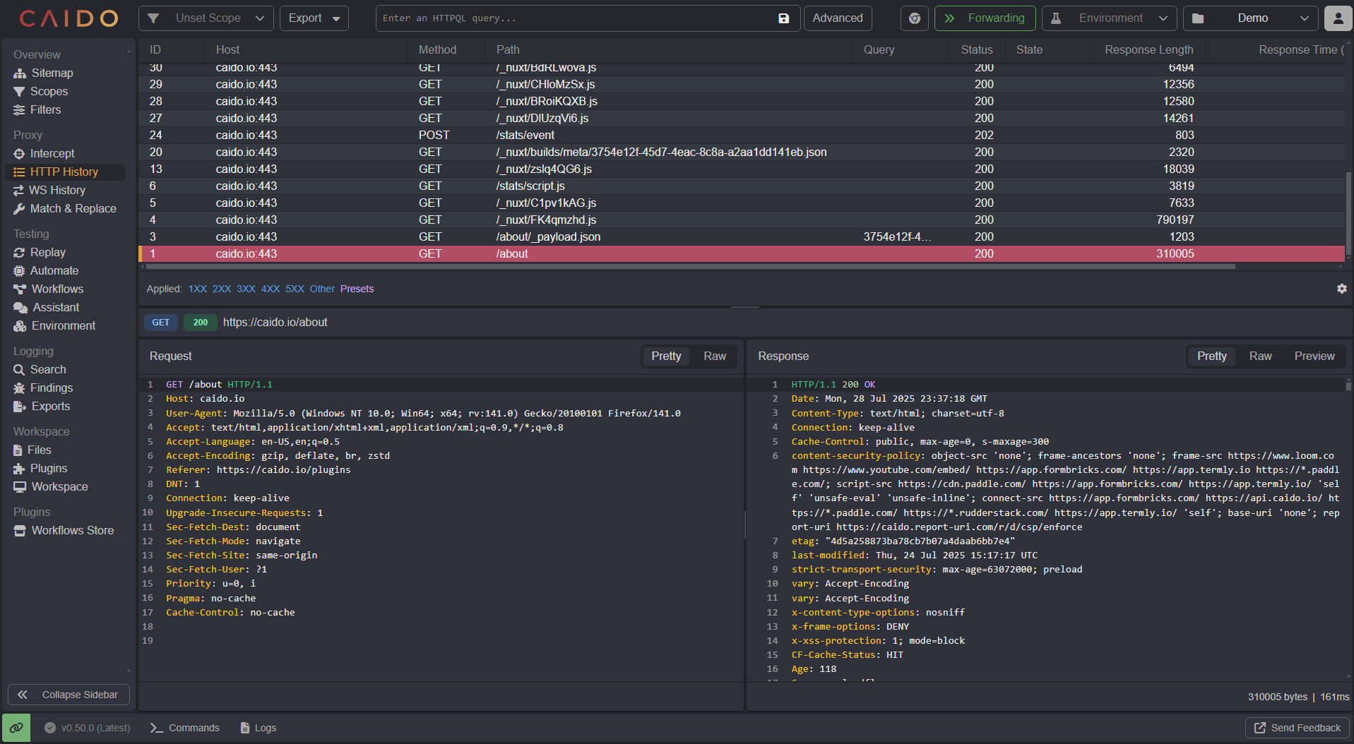 The HTTP History interface.