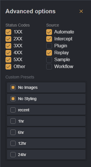 Additional filtering options menu.